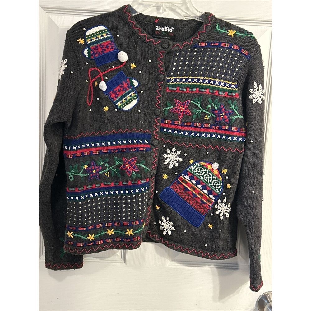 Vintage DESIGNERS ORIGINALS P/M Ho Ho Christmas Sweater Cardigan‎ Snow Mitten
